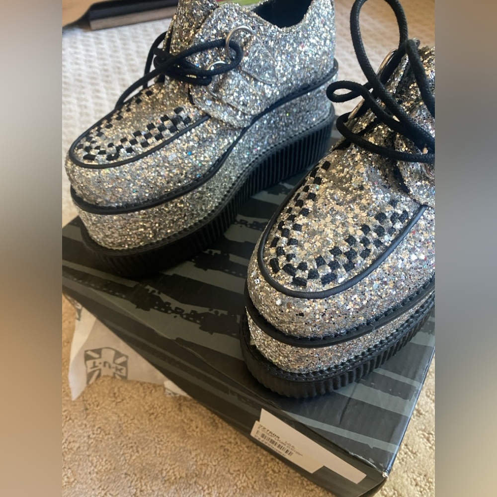 Shoes, Dolls Kill x T.U.K Platform Silver Glitter